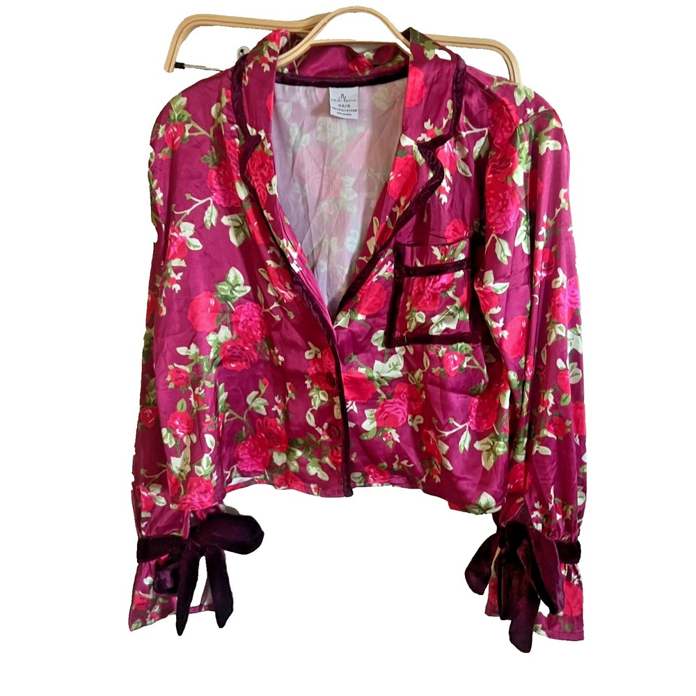 8 Oak Lane Pink Satin Ruffle Short PJ Set, Floral Red, Velvet Bows Sz S - Picture 2 of 9